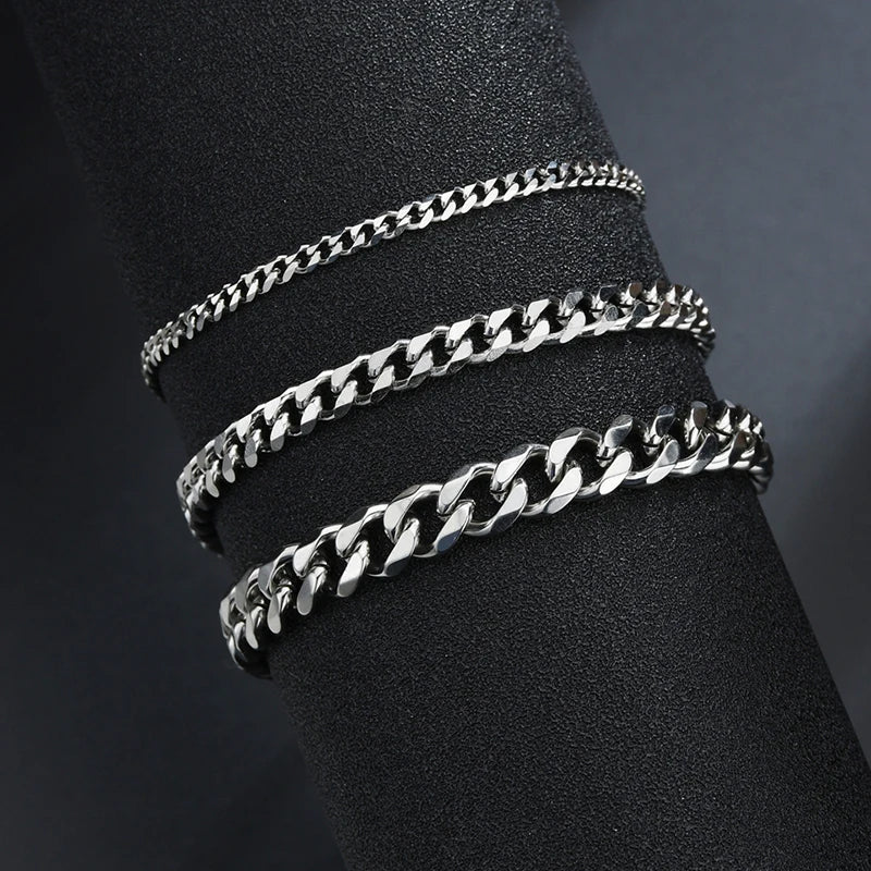 Sifisrri Punk Men 3/5/7mm Stainless Steel Curb Cuban Link Chain Bracelets Gold Color Solid Chains Unisex Wrist Jewelry Gift