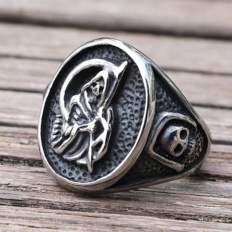 Gothic Death Scythe Skull Signet Ring — Stainless Steel