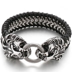 Vintage Double Wolf Lion Head Men's Bracelets Gothic 23CM Long Braided Genuine Leather & Stainless Steel Skull Bracelet