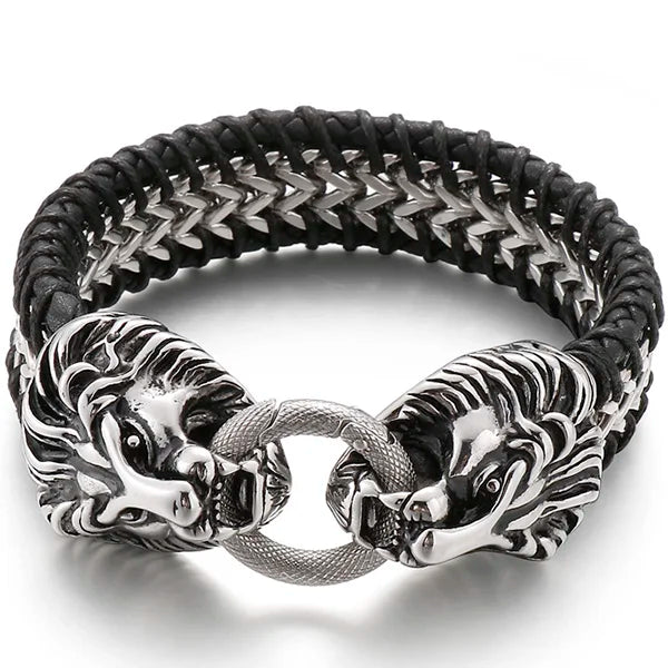 Vintage Double Wolf Lion Head Men's Bracelets Gothic 23CM Long Braided Genuine Leather & Stainless Steel Skull Bracelet
