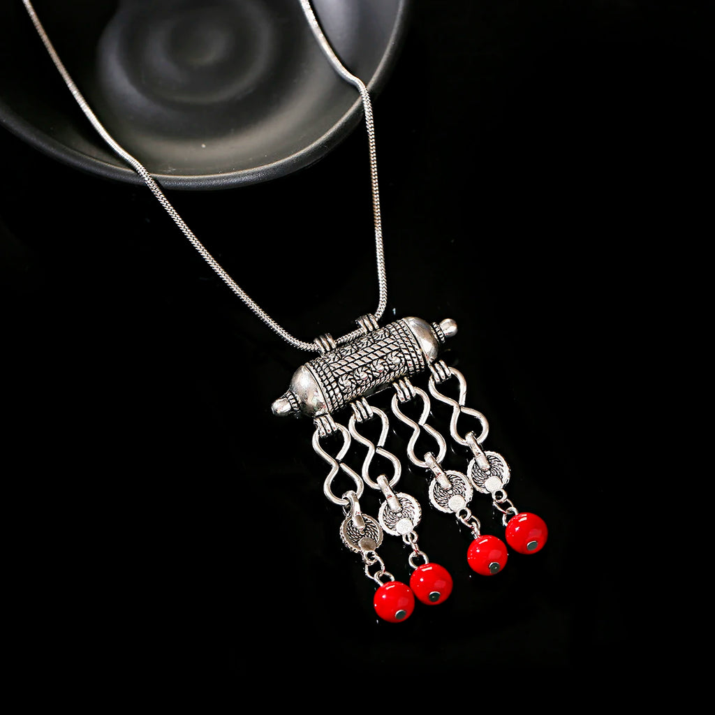 Womens Gypsy Jewelry Bohemian Ethnic Red Natural Stone Pendants Necklaces Metal Tibetan Sliver Color Chain Necklace For