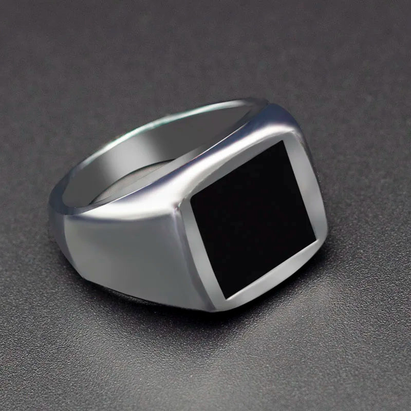 Square Signet Ring for Men — Wide Black-Tone Band