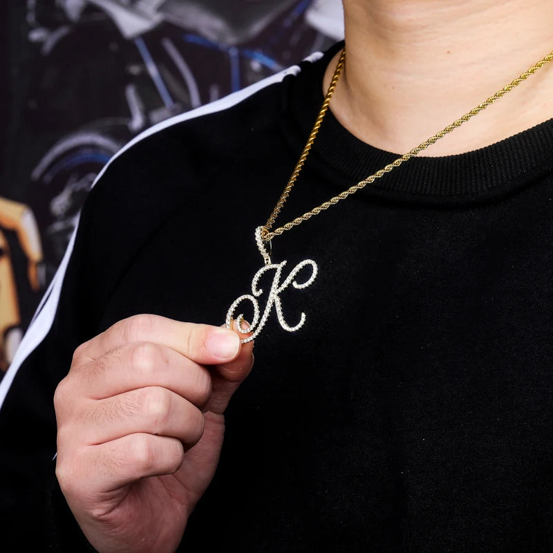 TOPGRILLZ New A-Z Cursive Letters Name Pendant&Necklace Iced Out Cubic Zircon Gold Silver Color Charm  Hip Hop Jewelry
