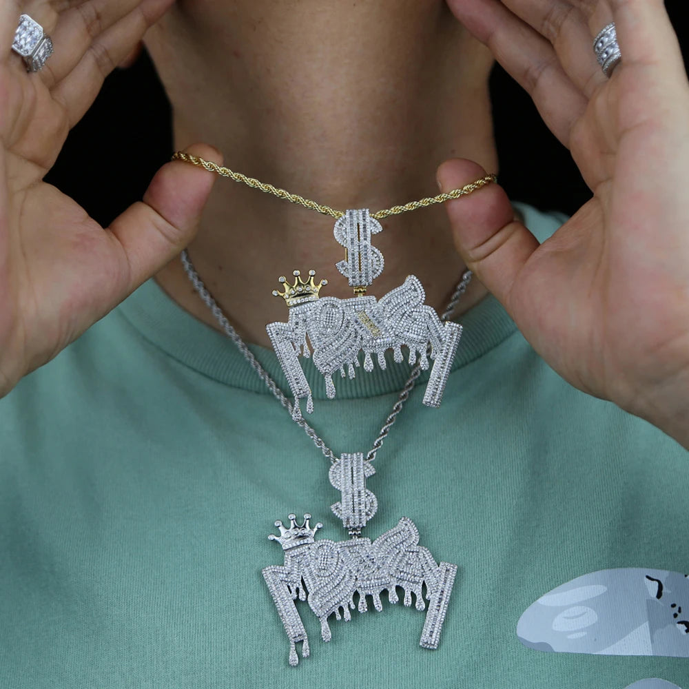 New Iced Out Bling Crown Letters Money Pendant Necklace Two Tone Color CZ Zircon Dollar Symbol Necklaces Men's Hip Hop Jewelry