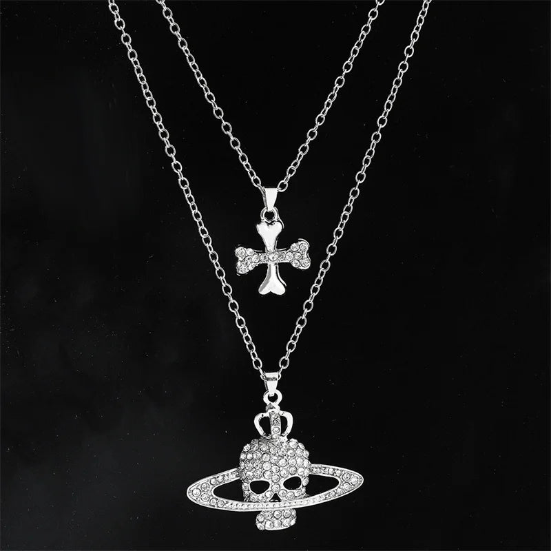 Gothic Halloween Necklace Inlaid Rhinestone Skull Saturn Pendant Double Chain Necklace Trend Men's and Women's Jewelry