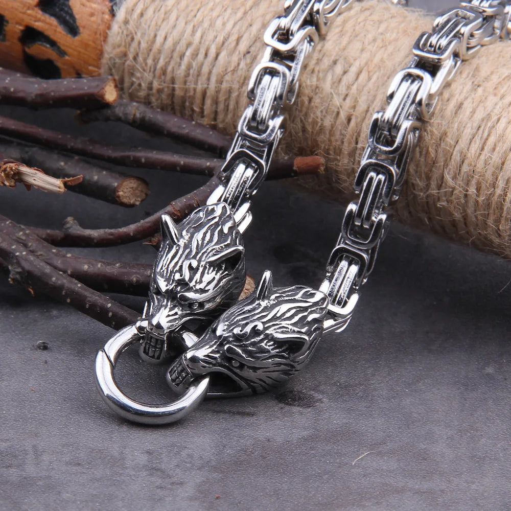 Wolf Head Thor Hammer Pendant — Stainless Steel