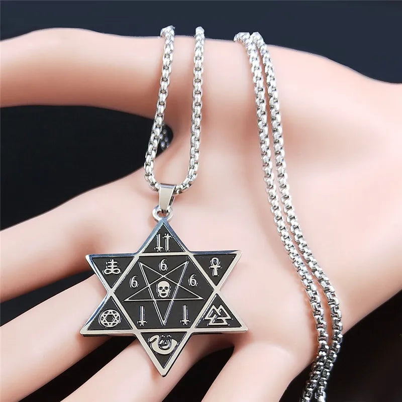 666 Skull Hexagram Pendant — Silver