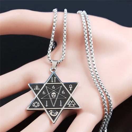 666 Skull Hexagram Pendant — Silver