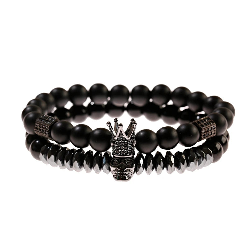 Luxury Men Stone Beads Skull Erkek Bileklik Bracelet Set Black CZ Crown Copper Bracelets For Women Pulseras Mujer