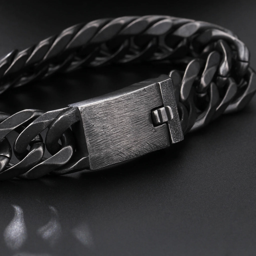 Fongten Retro Black Bracelet For Men Cuban Chain Stainless Steel Heavy Wide Curb Bracelets Bangle Male Jewelry