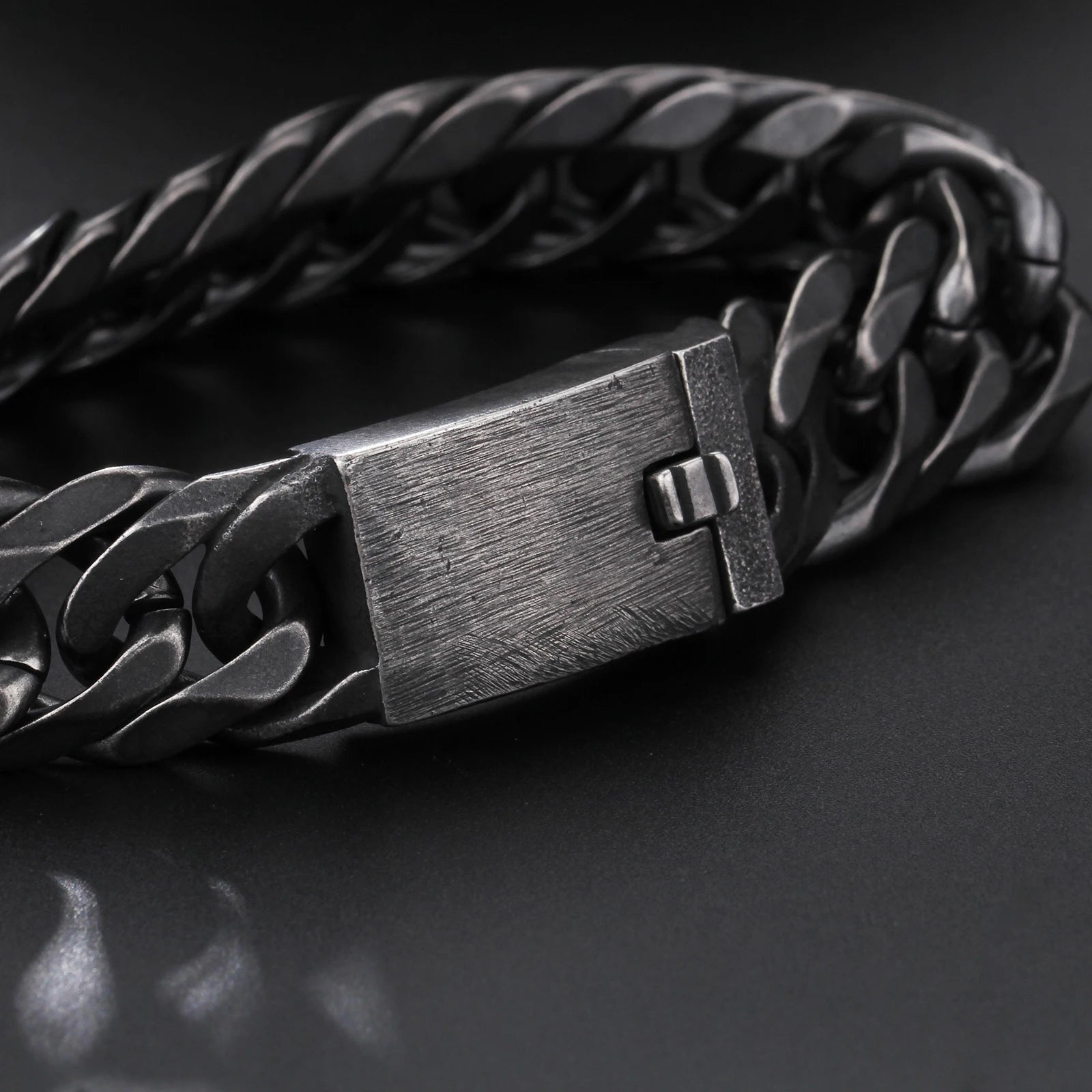 Fongten Retro Black Bracelet For Men Cuban Chain Stainless Steel Heavy Wide Curb Bracelets Bangle Male Jewelry