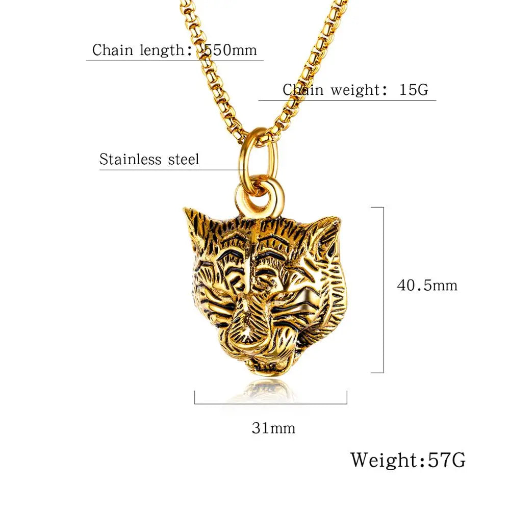 White Tiger Head Pendant Necklace — Two-Tone, 50-70cm Chain