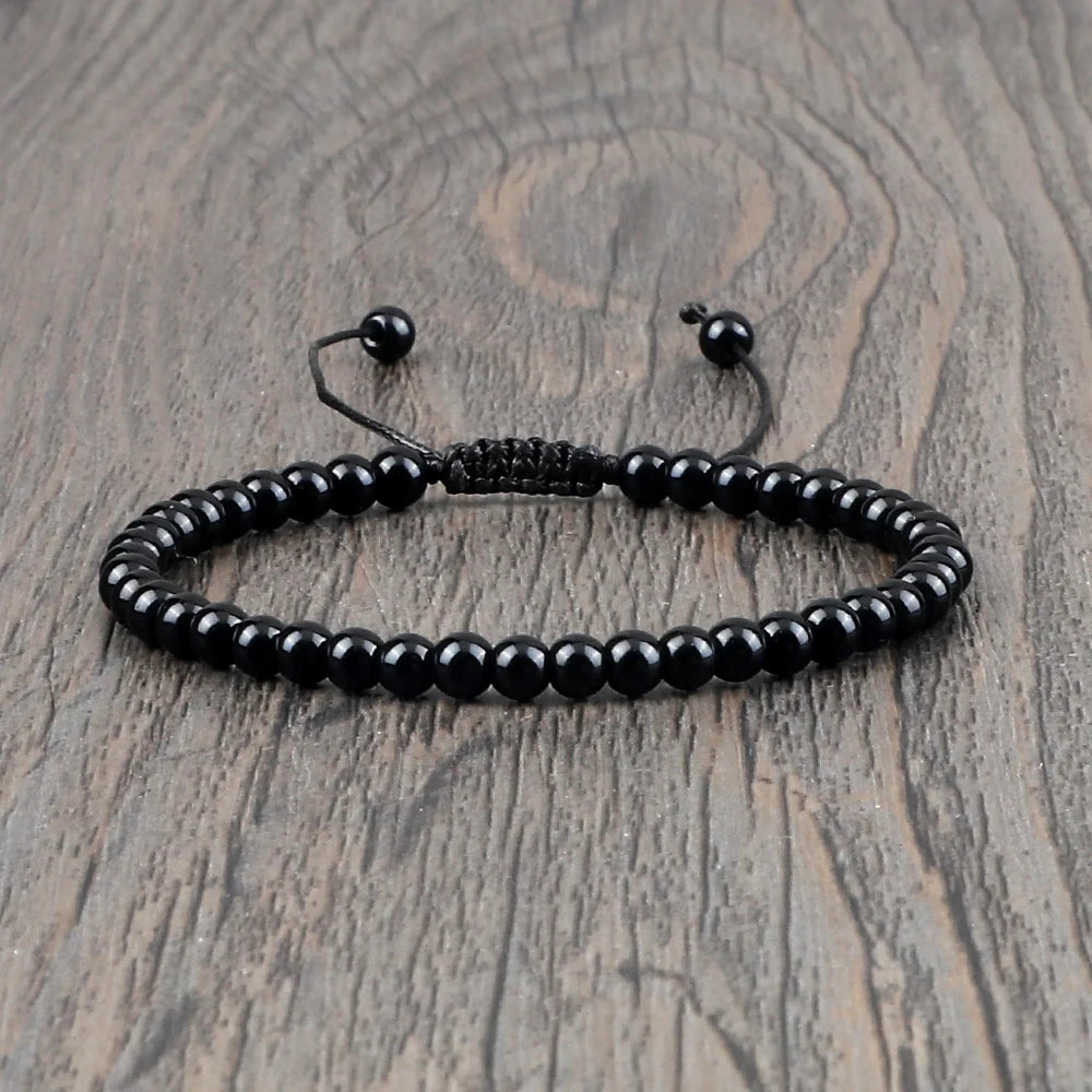 Beaded Bracelet 4 6 8mm Natural Stone Shiny Black Onyx Beads Bracelets & Bangles Adjustable Size Obsidian Wrist Jewelry