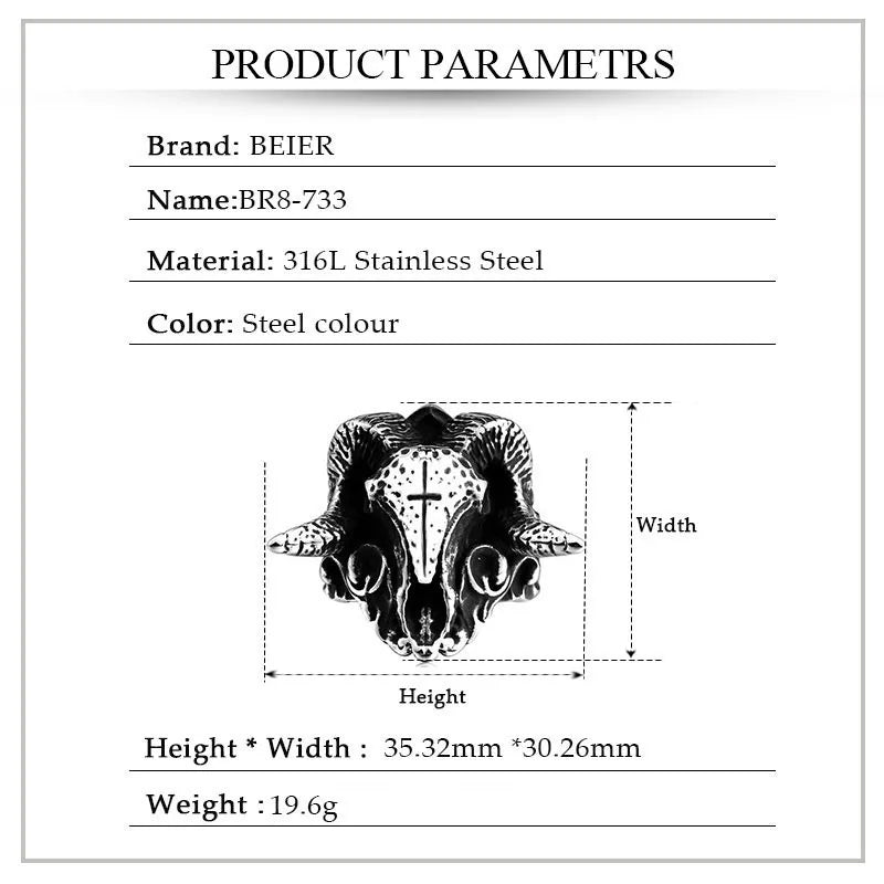 Beier 316L Stainless Steel Ancient dish Sheep cattle head Skull Ring Messenger of hell satan Personality Fashion