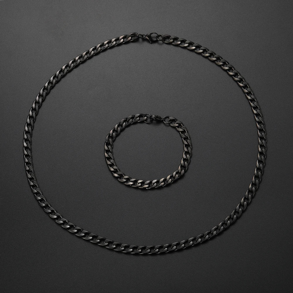 Black Chain Necklace Bracelet Set 8mm — Stainless Steel