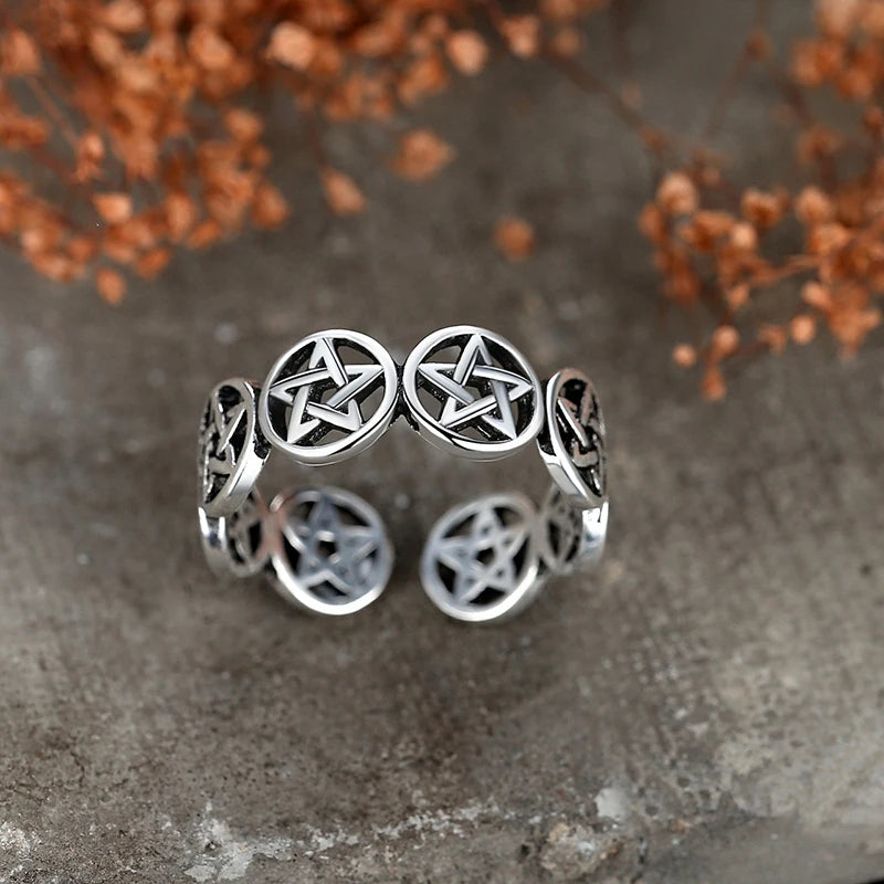 Chunky Pentagram Star Ring — Silver-Tone, Adjustable Band