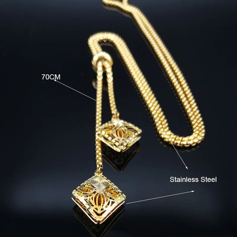Geometric Gold Long Chain Necklace — Stainless Steel