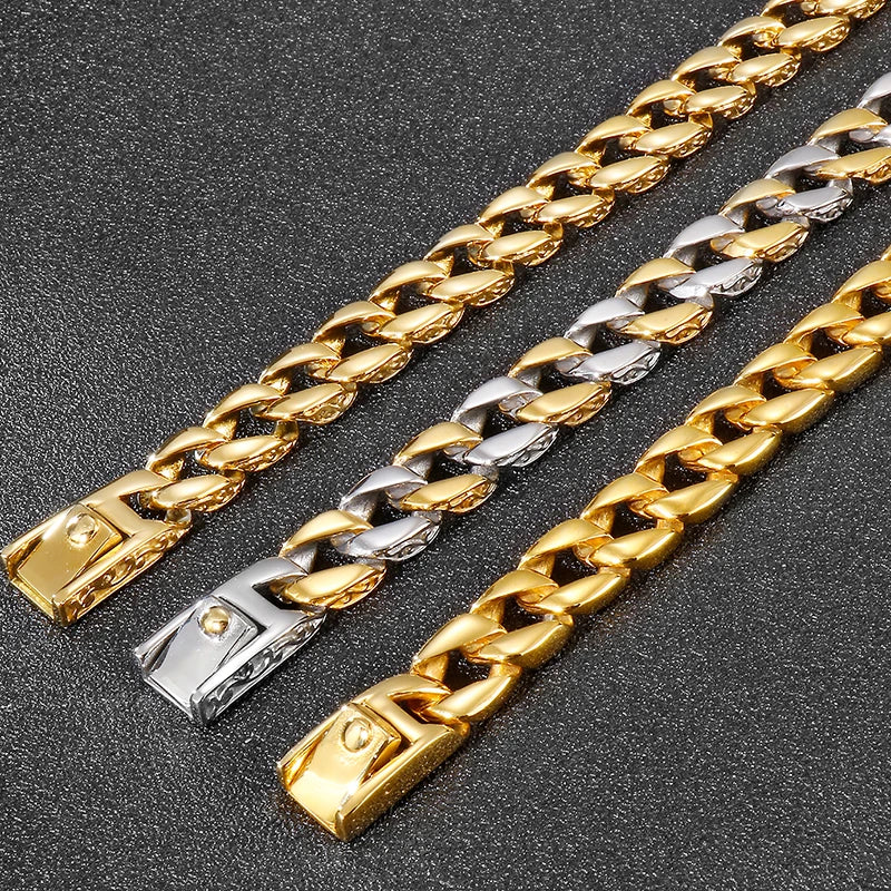 Luxury Gold Color Stainless Steel Bracelet for Man 12MM Wide On Hand Chain Homme Armband Men's Wristband Boyfriend