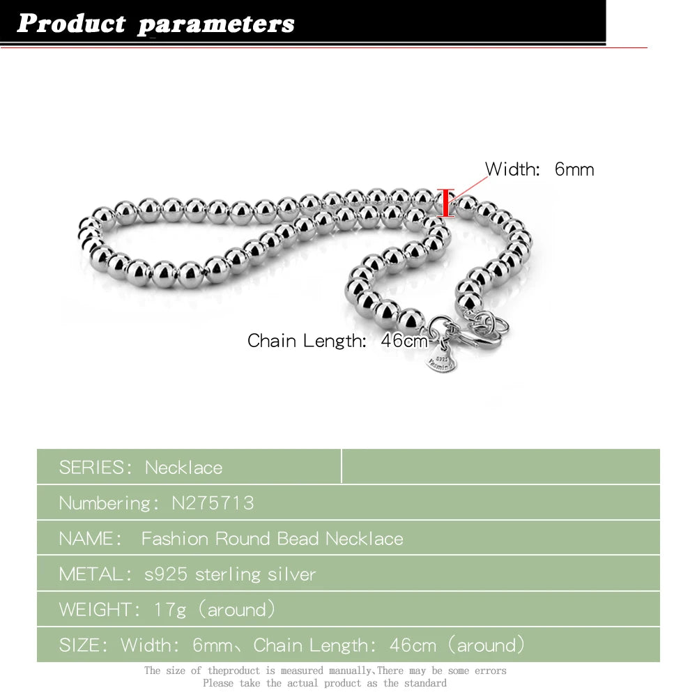 Fashion Man Genuine 925 Sterling Silver Beads Neck Chain 5 /6mm Link Necklace for Women Men Long Bead Chain Jewelry