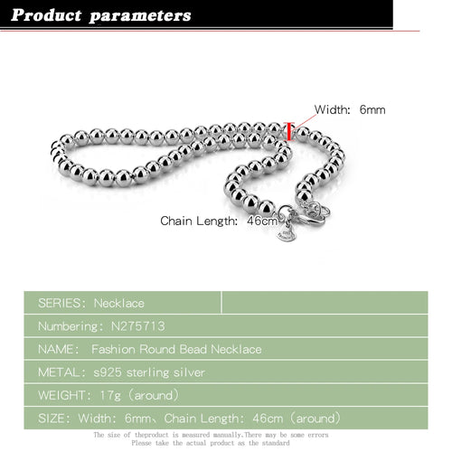 Fashion Man Genuine 925 Sterling Silver Beads Neck Chain 5 /6mm Link Necklace for Women Men Long Bead Chain Jewelry