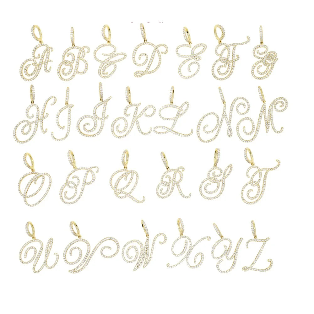 Cursive 26 Initial Letter Pendant Necklace Micro Pave 5A Cubic Zirconia CZ Alphabet Name Jewelry