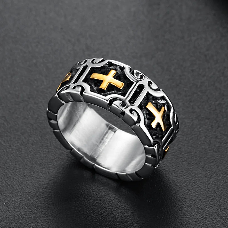 Valily Classic Retro Christian Jesus Cross Ring Stainless Steel Christian Believers Punk Rock Men's Round Rings Band