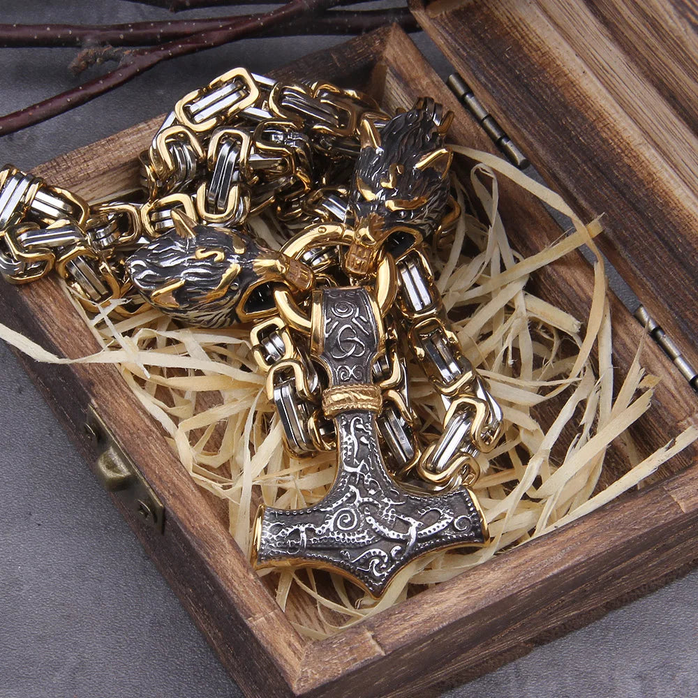 Never Fade Men stainless steel Wolf head norse viking amulet thor hammer pendant necklace viking king chain