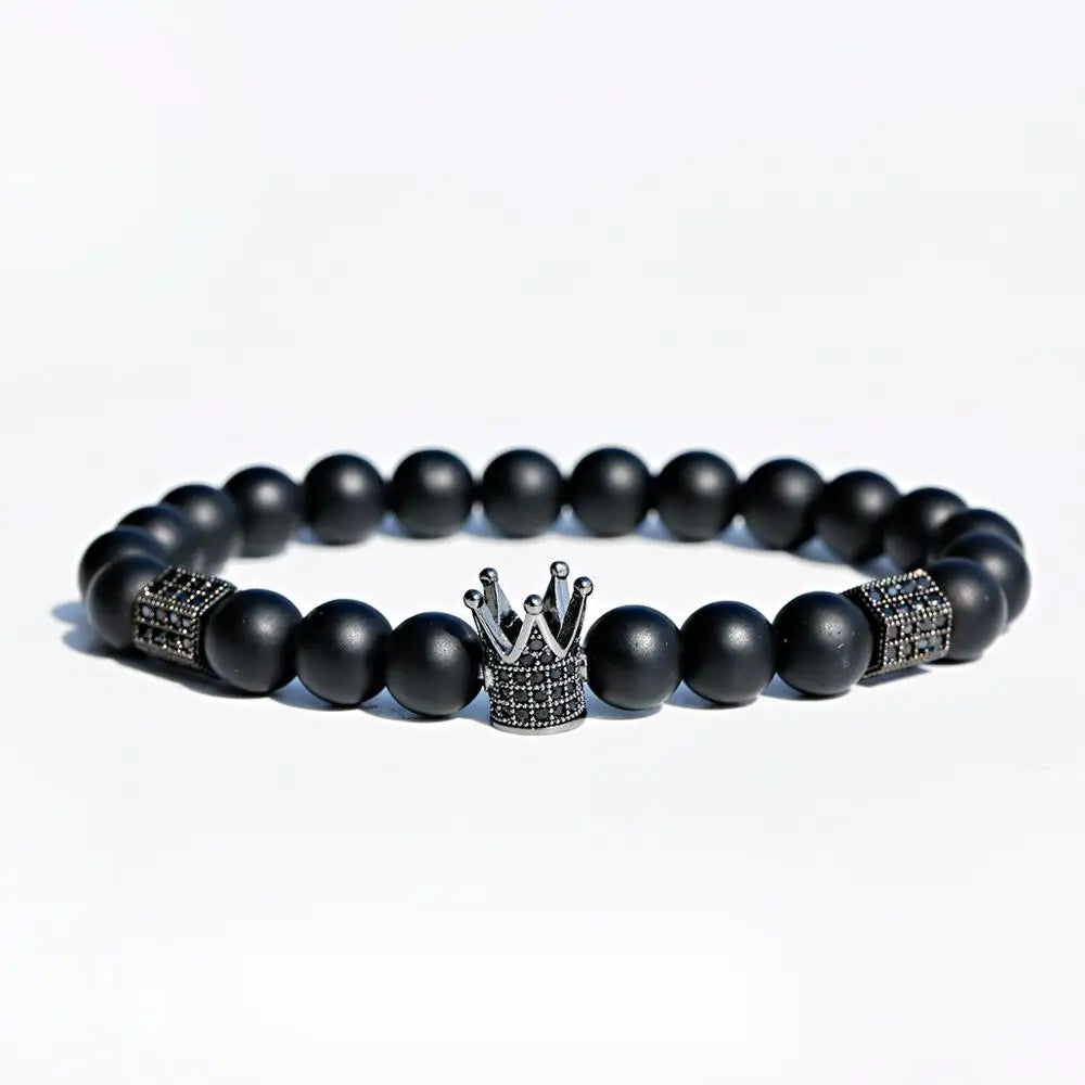 Luxury Men Stone Beads Skull Erkek Bileklik Bracelet Set Black CZ Crown Copper Bracelets For Women Pulseras Mujer