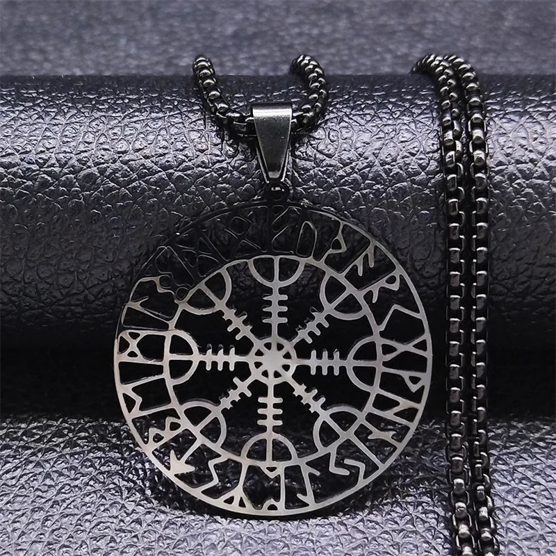 Viking Compass Helm Rune Amulet Necklace Silver Color Stainless Steel Symbol of Protection Necklace Pagan Jewelry