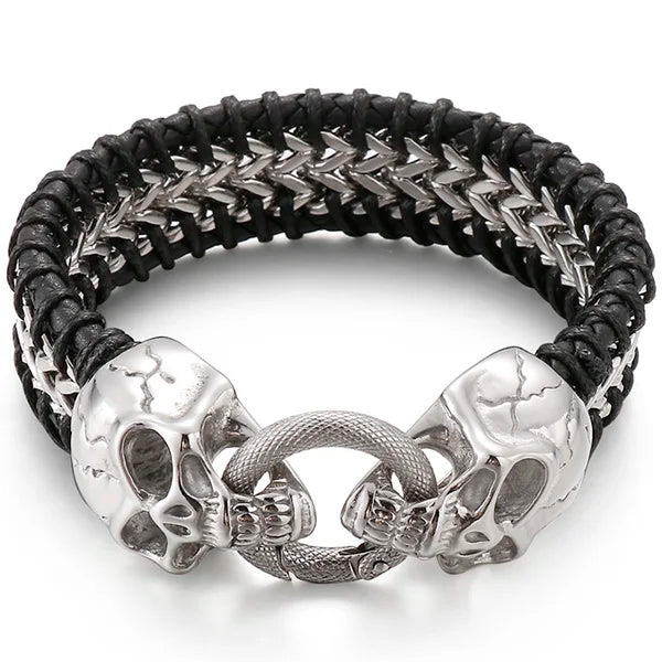Vintage Double Wolf Lion Head Men's Bracelets Gothic 23CM Long Braided Genuine Leather & Stainless Steel Skull Bracelet