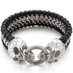Vintage Double Wolf Lion Head Men's Bracelets Gothic 23CM Long Braided Genuine Leather & Stainless Steel Skull Bracelet