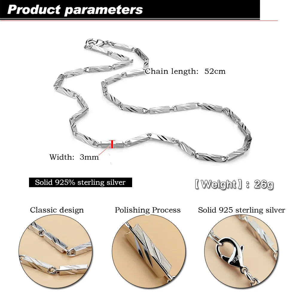 New Fashion Punk Man & Woman Square Carving Pattern 925 Sterling Silver Necklace Men 3MM 20 inches Link Chain Jewelry