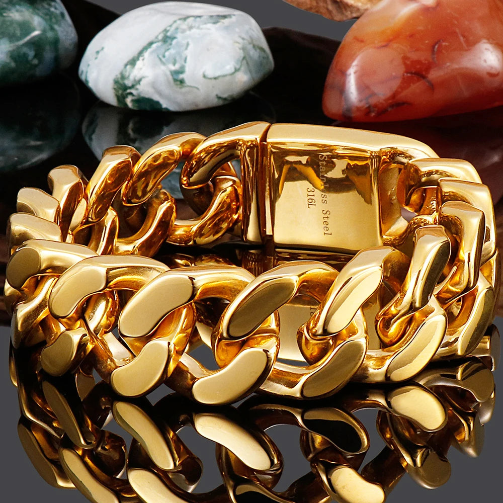 Polished Stainless Steel On Hand Accessories 20MM Wide Iron Men's Bracelet for Man Waterproof Gold Color Men‘s Jewelry