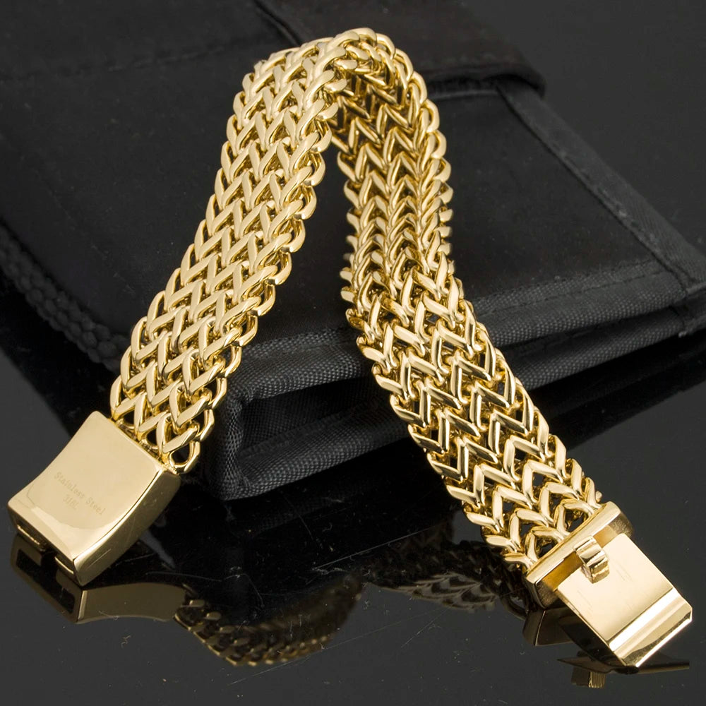 Luxury Yellow Gold Color Bracelet For Men 18MM Wide Stainless Steel Men's Chain Bracelets Metal Jewelry Gifts For