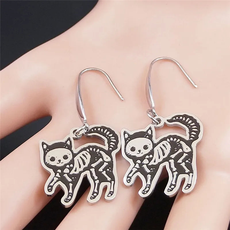Skull Cat Silver Earrings Gothic Dangle Small