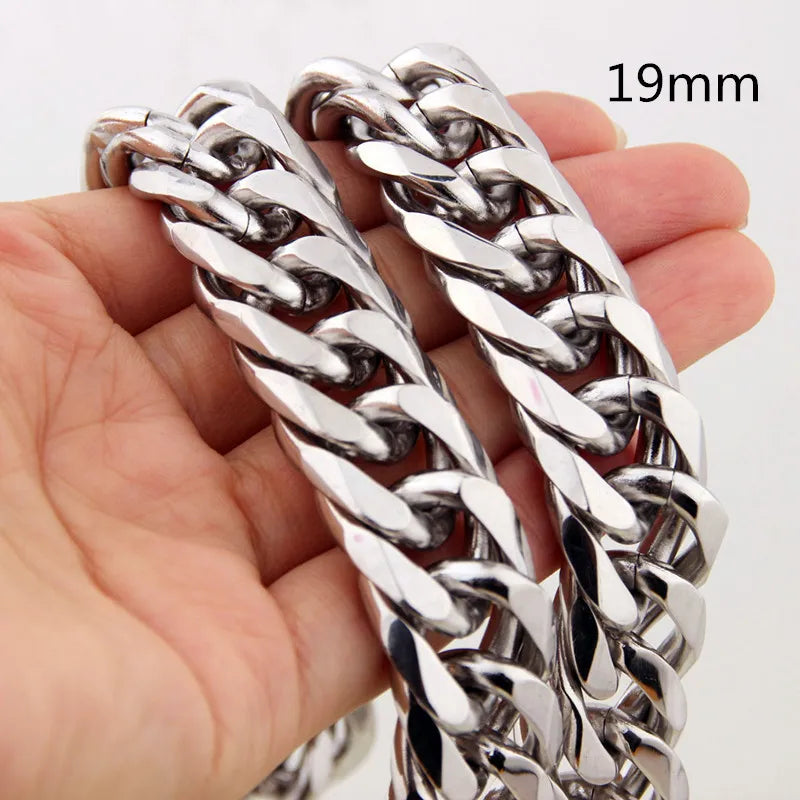 Miami Cuban Chains For Men Hip Hop Jewelry Silver Color Thick Stainless Steel Big Chunky Necklace 13mm/16mm/19mm/21mm