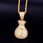 Men's Dollar Bag Pendant Necklace Gold Color Bling Cubic Zircon Hip Hop Rock Jewelry