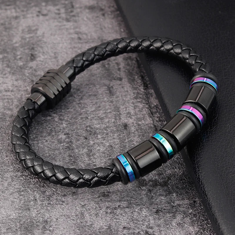 Punk Threaded Button Metal Weaving Bracelet for Men Women Stainless Steel Twining Classic Style Charm Black High Quality
