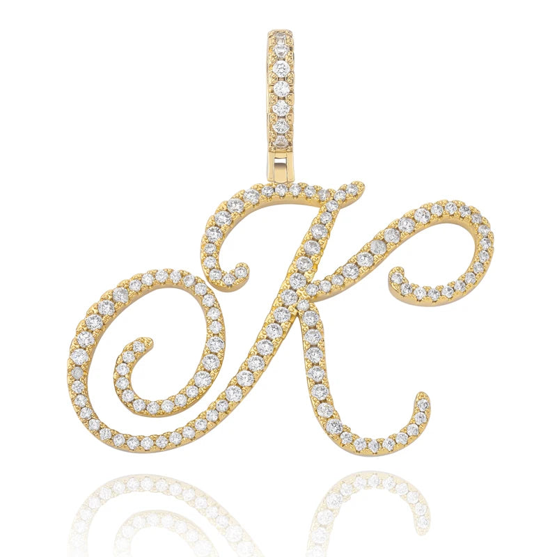 TOPGRILLZ New A-Z Cursive Letters Name Pendant&Necklace Iced Out Cubic Zircon Gold Silver Color Charm  Hip Hop Jewelry