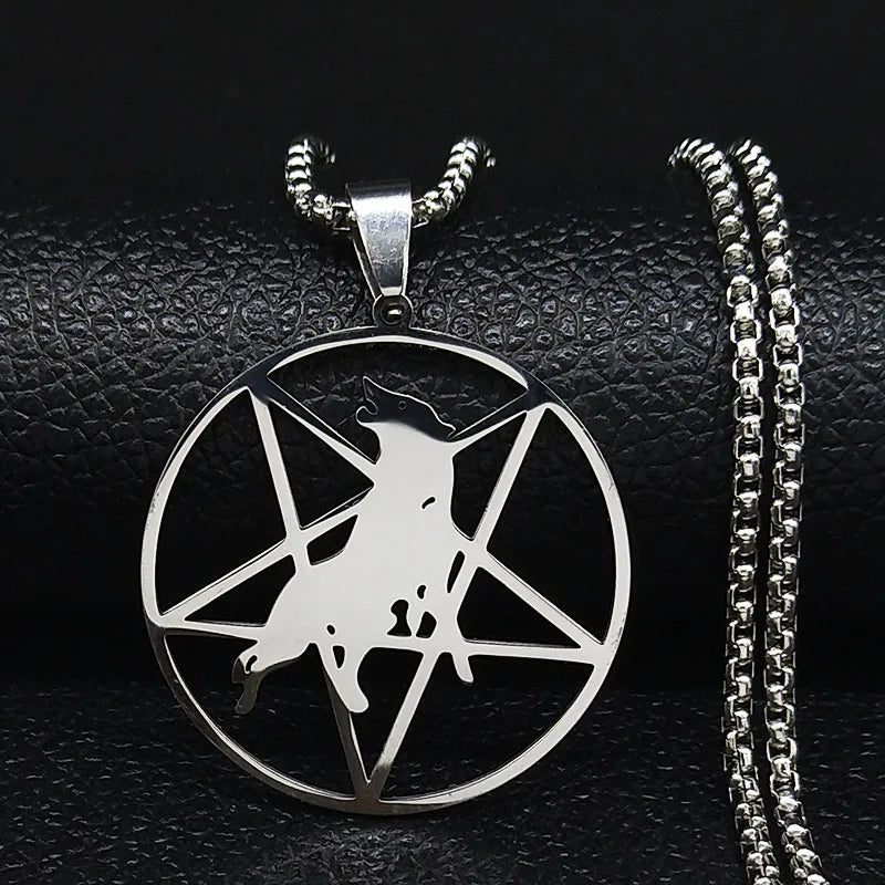 Wolf Pentagram Silver Chain Necklace — Stainless Steel