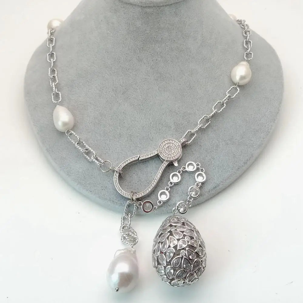 Iced Pearl Teardrop Pendant Necklace — 22"