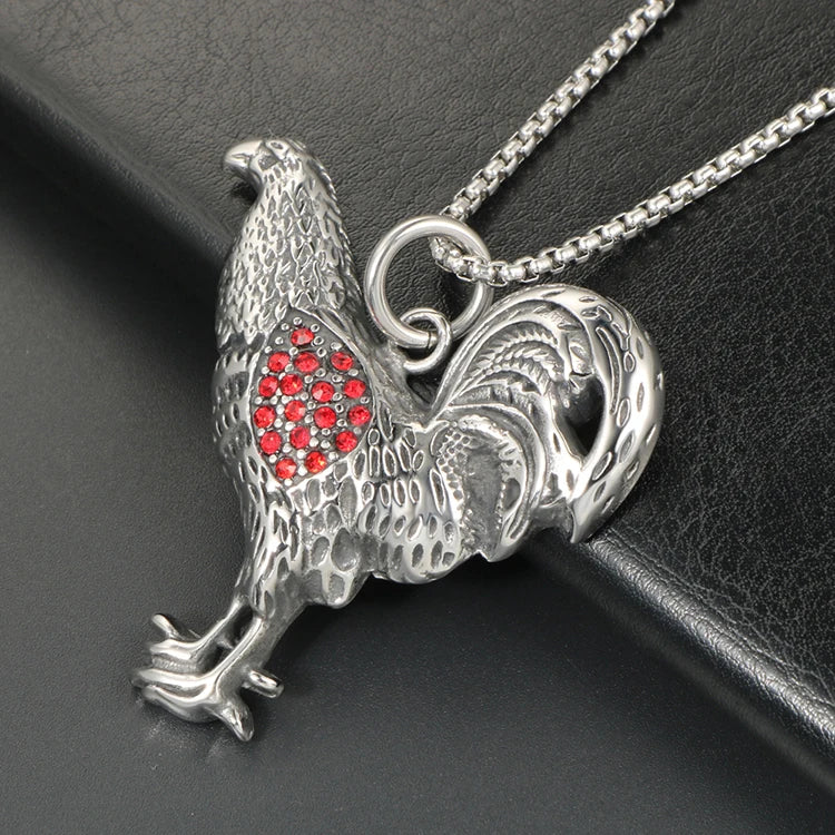Rooster Pendant Necklace Red CZ Animal Portrait — Stainless Steel