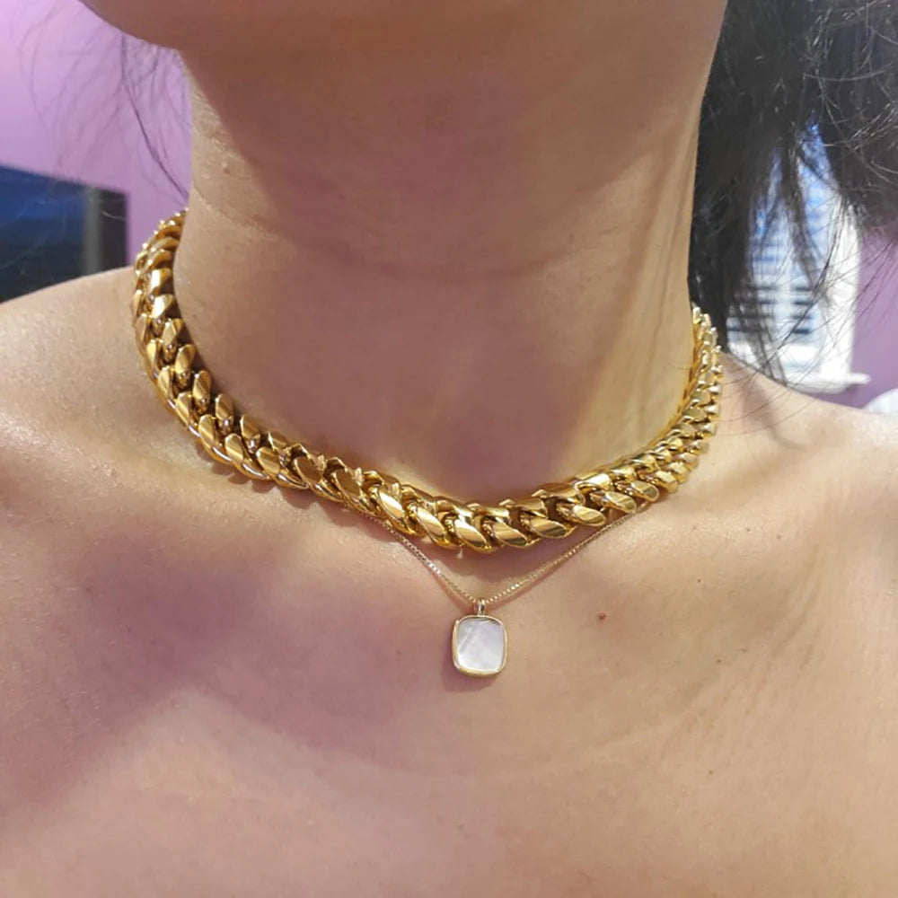 Punk Cuban Link Choker Necklace Collar Statement Chunky Stainless Steel Gold Color Thick Chain Necklace For Men Women Jewelry