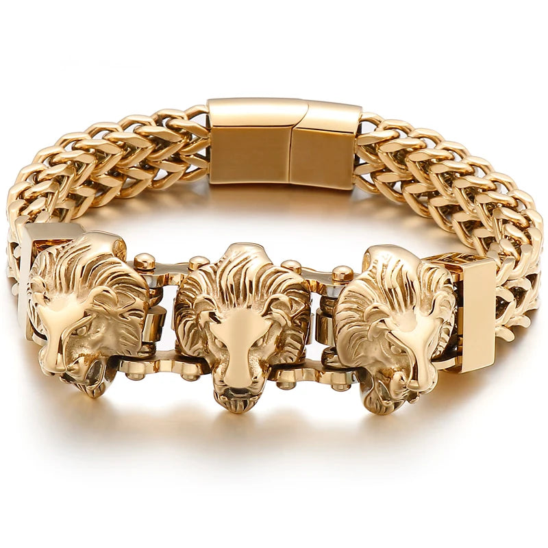 Gold Color Stainless Steel Chain Bracelet for Man Punk Gothic Skull Wristband With Magnetic Clasp Animal Head Homme