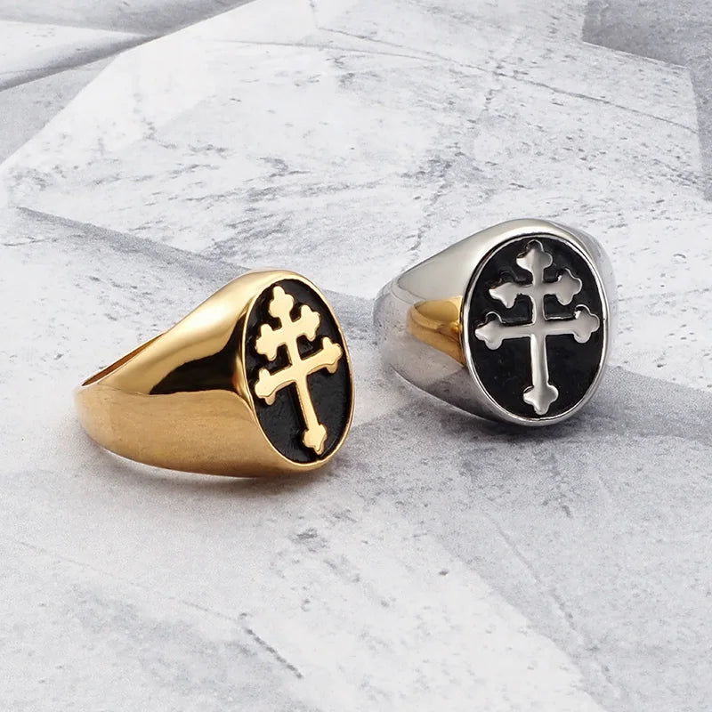 Vintage 316L Stainless Steel Silver Color Men's Classic Cross of Lorraine Signet Ring Jewelry For Friend Gift