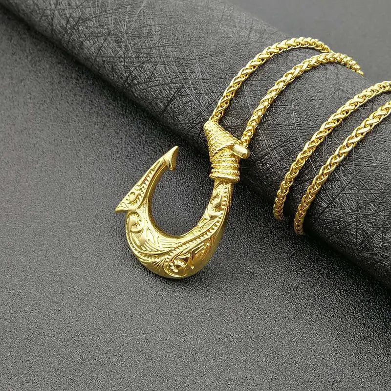 Nordic Viking Fish Hook Pendant Necklace — Gold, Stainless Steel