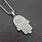 Turkish Evil Eye Hamsa Hand of Fatima Pendant Necklace Gold Color Stainless Steel Iced Out Chain Hip Hop Women/Men