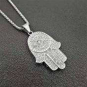 Gold Iced Out Hamsa Hand of Fatima Pendant Necklace