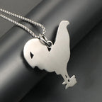 Rooster Pendant Necklace Red CZ Animal Portrait — Stainless Steel