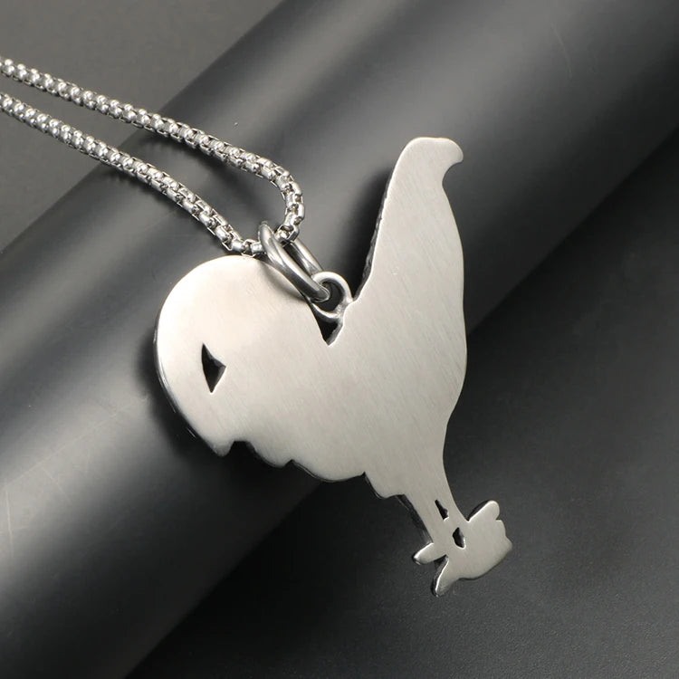 Rooster Pendant Necklace Red CZ Animal Portrait — Stainless Steel